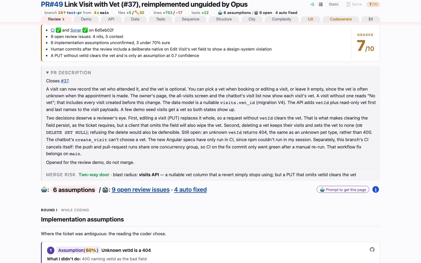 Link Visit with Vet (#37), reimplemented unguided by Opus — the review page, open on its first tab